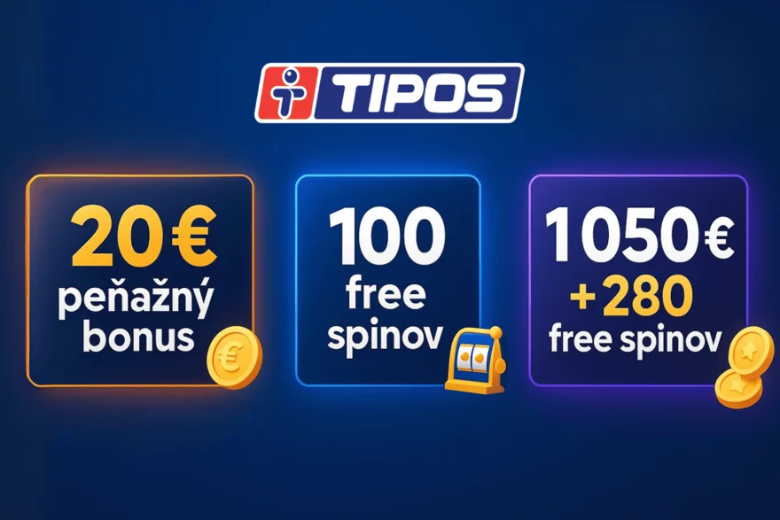 eTIPOS bonus 2025 - 20 €, 100 free spinov aj 1 050 € balík