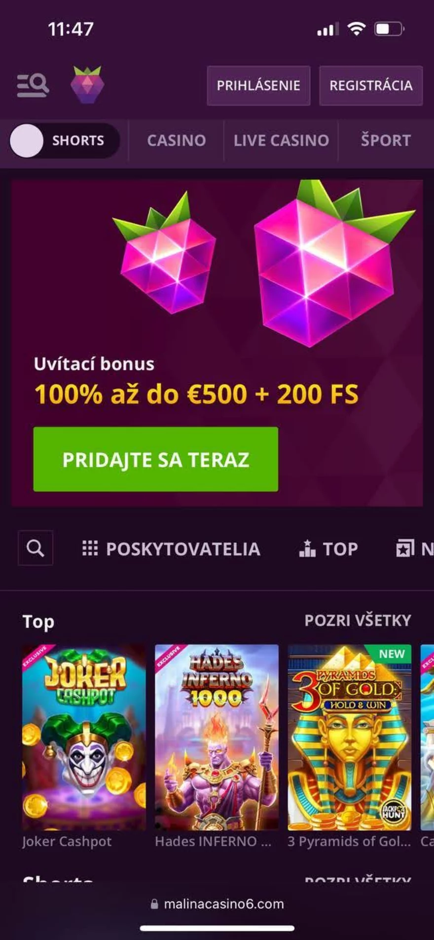 Malina mobilná verzia kasína