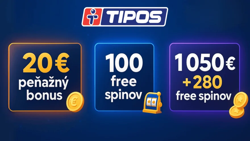 eTIPOS bonus 2026 - 20 €, 100 free spinov aj 1 050 € balík